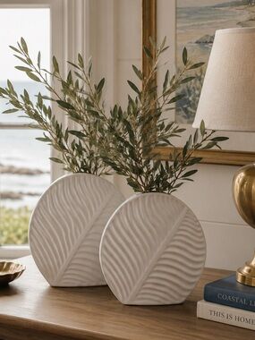 Textured Leaf Flat White Ceramic Vase